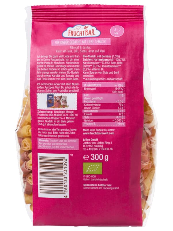 FruchtBar BIO-Herznudeln Karotte, Rote Bete
