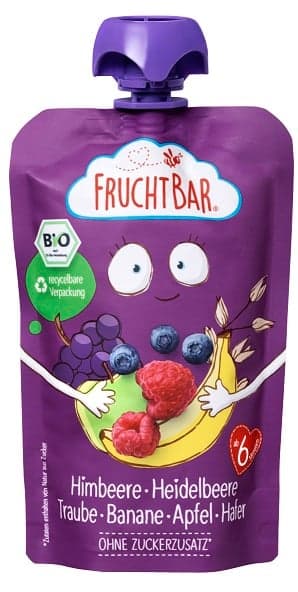 FruchtBar BIO-Fruchtpüree Himbeere, Heidelbeere, Traube, Banane, Apfel, Hafer