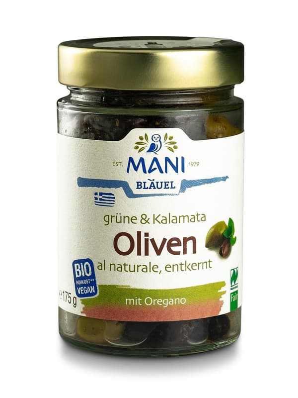 MANI Bläuel BIO Grüne & Kalamata Oliven al naturale, entkernt