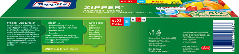 Toppits Zipper Allzweck-Beutel, 3l