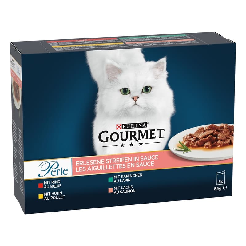 GOURMET Perle Erlesene Streifen Huhn, Rind, Kaninchen und Lachs (8x85g)
