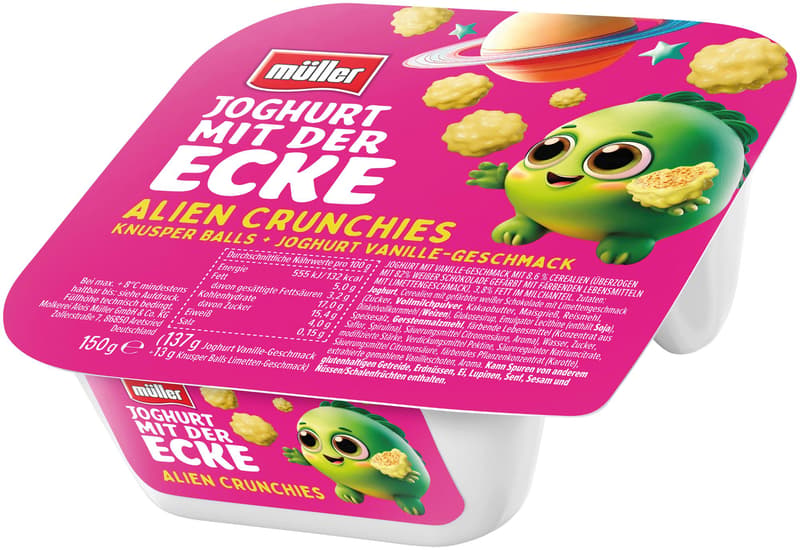 Müller Joghurt mit der Ecke Alien Crunchies