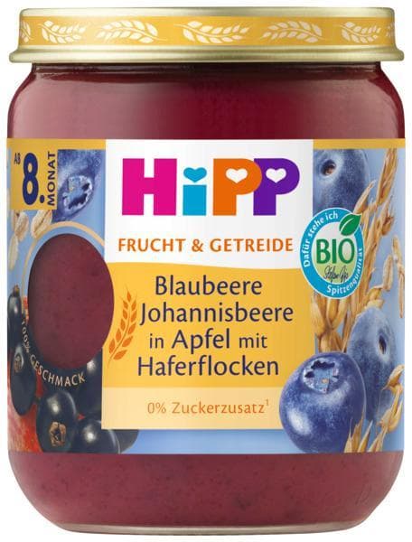 HiPP BIO Blaubeere Johannisbeere in Apfel mit Haferflocken, ab dem 8. Monat