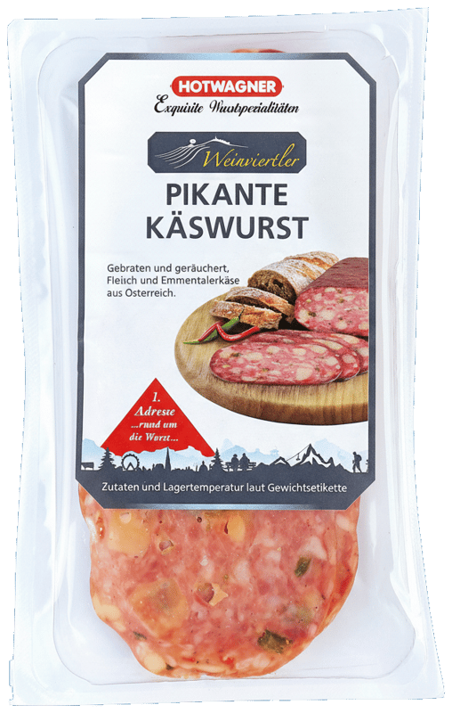 Hotwagner Weinviertler pikante Käsewurste geschnitten