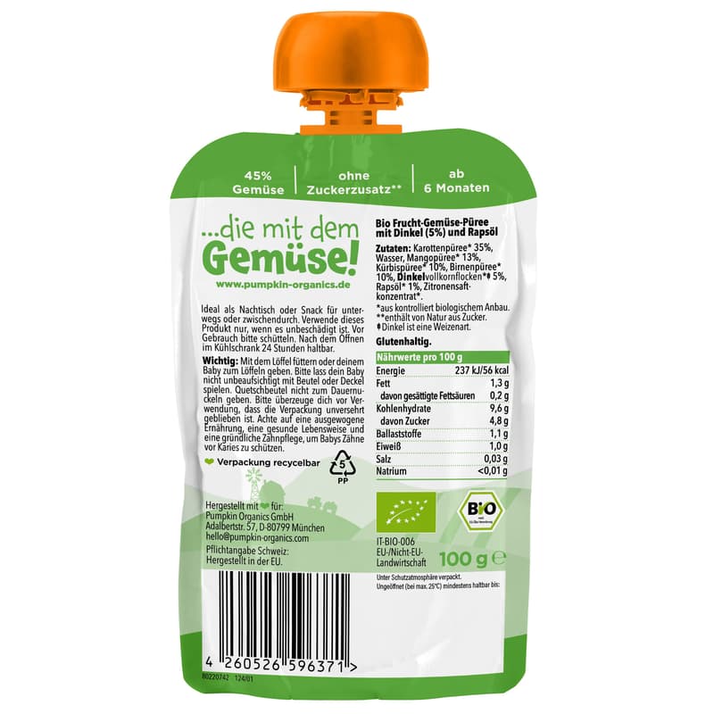 Pumpkin Organics BIO Quetschie: Karotte, Mango, Kürbis, Birne, Dinkel