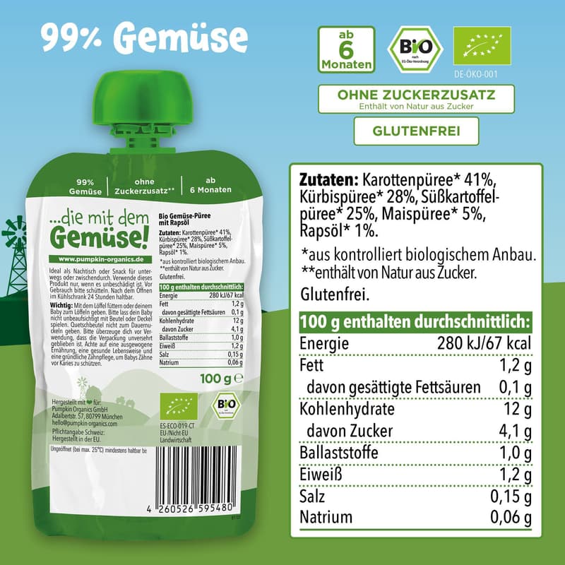 Pumpkin Organics BIO Quetschie Karotte, Kürbis, Süßkartoffel, Mais