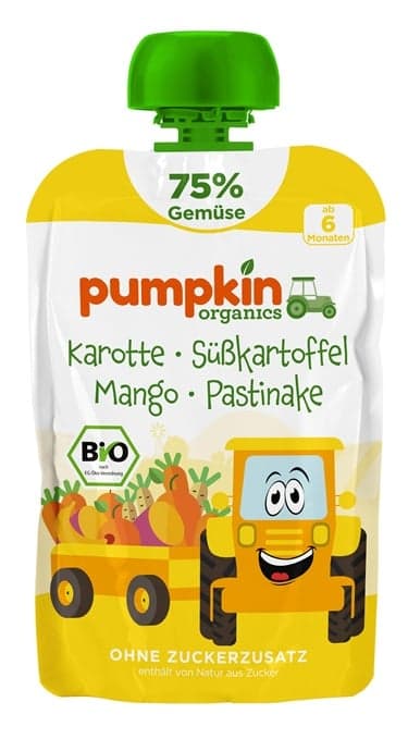 Pumpkin Organics BIO Quetschie Karotte, Süßkartoffel, Mango, Pastinake ab 6 Monaten