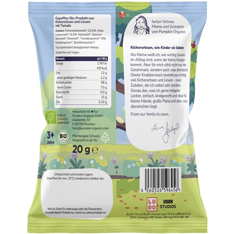 Pumpkin Organics Bluey BIO Kichererbsen Puffs Tomate