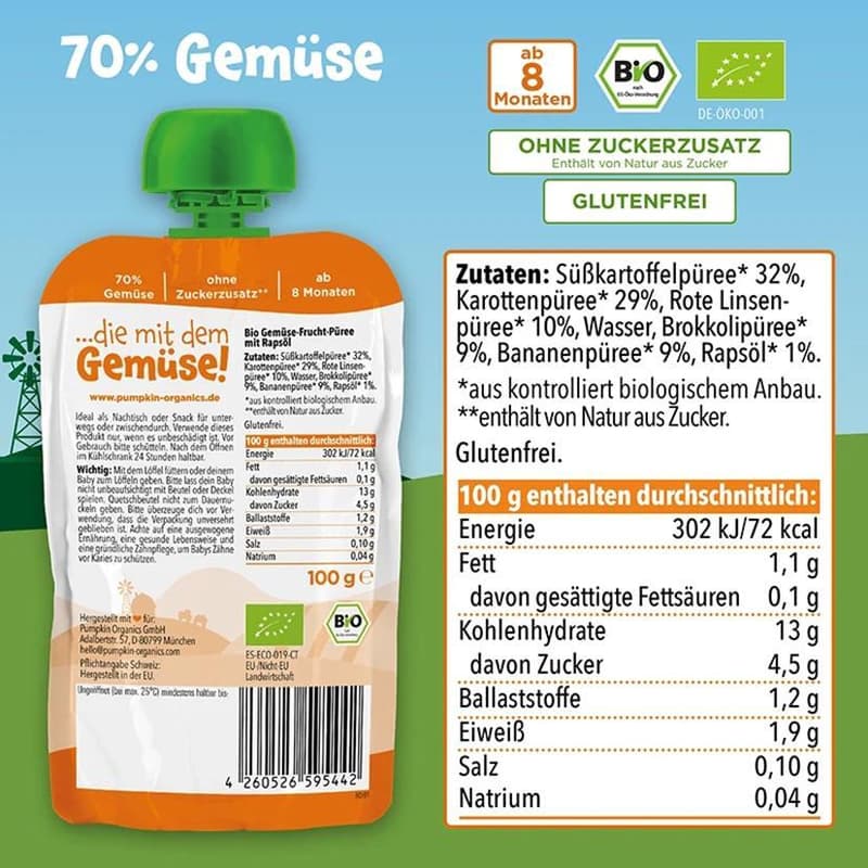 Pumpkin Organics BIO Quetschie Süßkartoffel, Karotte, Linsen, Brokkoli, Banane