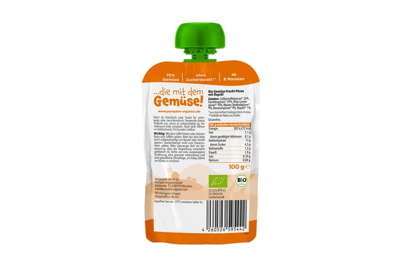 Pumpkin Organics BIO Quetschie Süßkartoffel, Karotte, Linsen, Brokkoli, Banane