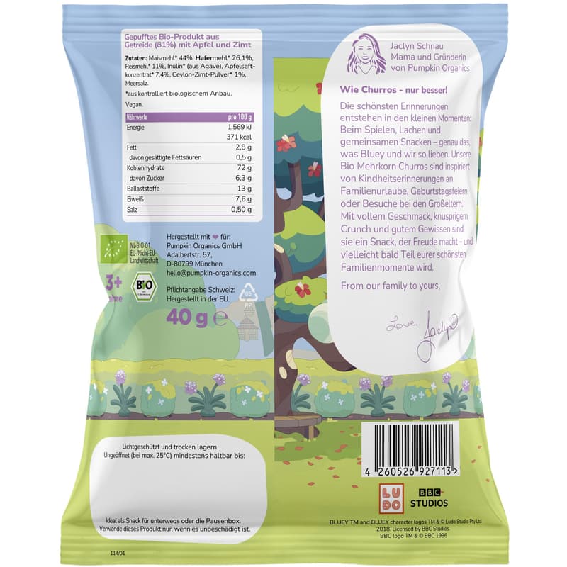 Pumpkin Organics Bluey BIO Mehrkorn Churros Apfel und Zimt