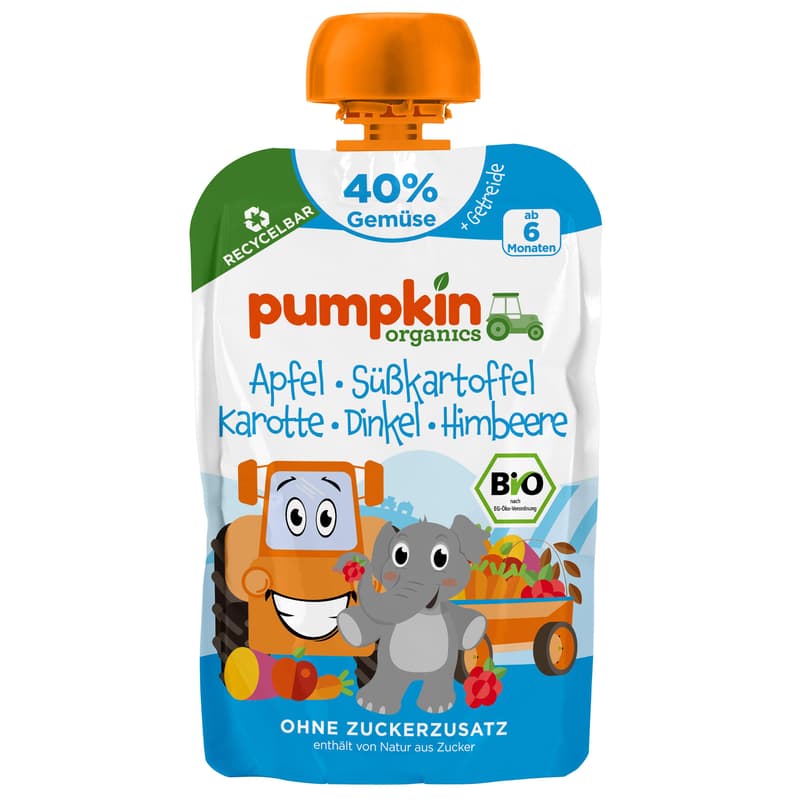 Pumpkin Organics BIO Quetschie: Apfel, Süßkartoffel, Karotte, Dinkel, Himbeere