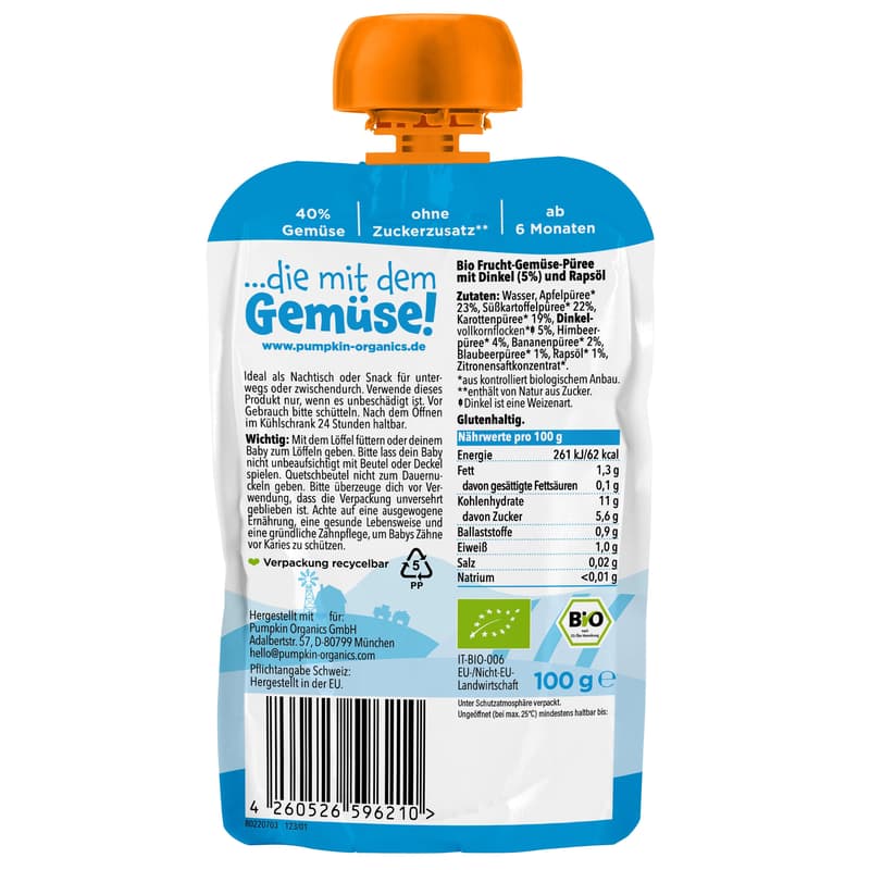 Pumpkin Organics BIO Quetschie: Apfel, Süßkartoffel, Karotte, Dinkel, Himbeere