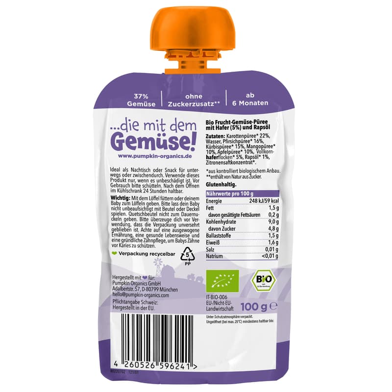 Pumpkin Organics BIO Quetschie Karotte, Pfirsich, Kürbis, Mango, Apfel, Hafer