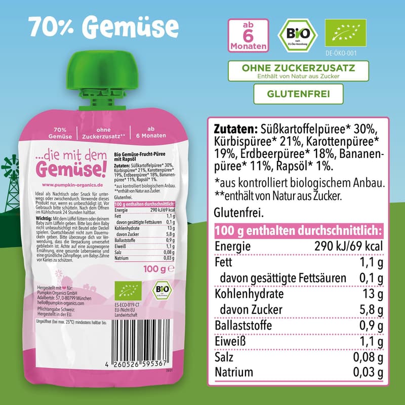 Pumpkin Organics BIO Gemüsepüree mit Süßkartoffel Kürbis Erdbeere Banane ab 6. Monat, 100 g