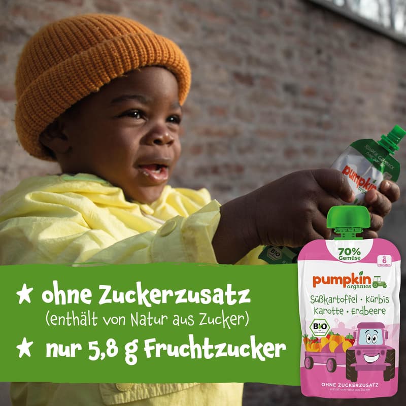 Pumpkin Organics BIO Gemüsepüree mit Süßkartoffel Kürbis Erdbeere Banane ab 6. Monat, 100 g