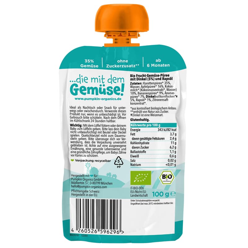 Pumpkin Organics BIO Quetschie: Karotte, Apfel, Kokosmilch, Banane, Ananas, Dinkel