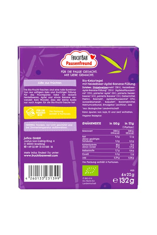 FruchtBar Pausenfreund BIO Frucht-Tasche Dinkel, Heidelbeere, Apfel, Banane