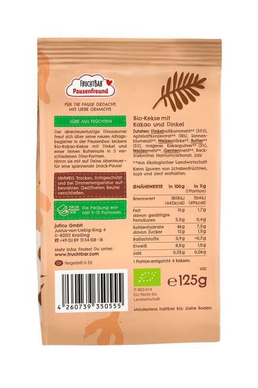 FruchtBar Pausenfreund BIO Dino-Kekse-Kakao,Dinkel