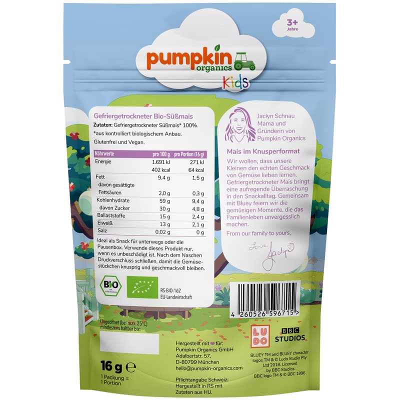 Pumpkin Organics Bluey BIO  Süßmais gefriergetrocknet ab 3+ Jahren